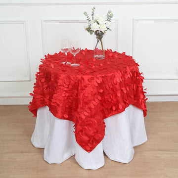 Red 3D Leaf Petal Taffeta Fabric Seamless Square Table Overlay 54 inch - Bring Natural Elegance to Your Table