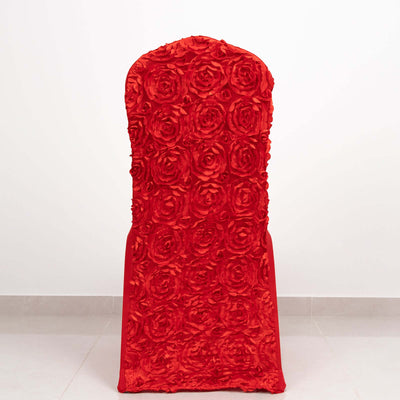 Red rose-patterned chair cover on a plain backdrop.