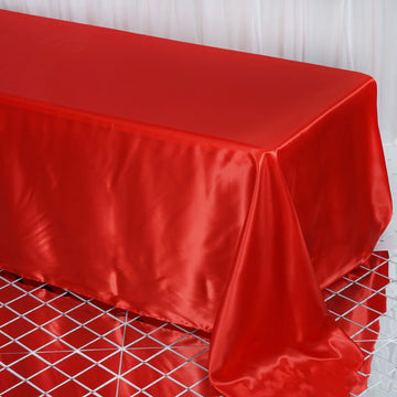 Red Satin Seamless Rectangular Tablecloth 90"x132" for 6 Foot Table With Floor-Length Drop