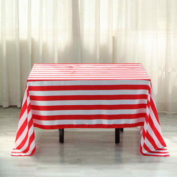 Add Elegance to Your Event with the Red/White Seamless Stripe Satin Rectangle Tablecloth 60"x102"