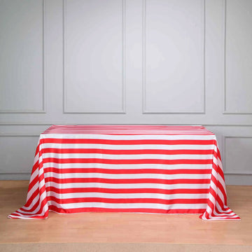 Add Elegance to Your Event with the Red/White Stripe Satin Rectangle Tablecloth