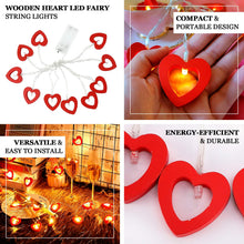 Red Wooden Heart LED Fairy Lights, Warm White Battery Operated Hanging String Lights - 5ft