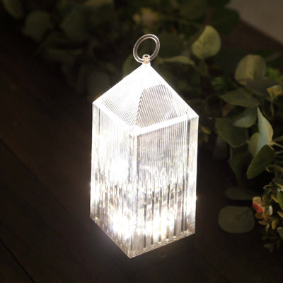 Crystal lantern with a geometric design, illuminating softly.