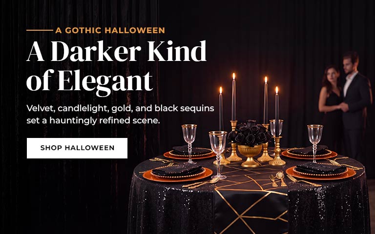 Embrace a Gothic Halloween with black velvet, flickering candlelight, molten gold, and inky sequi...
