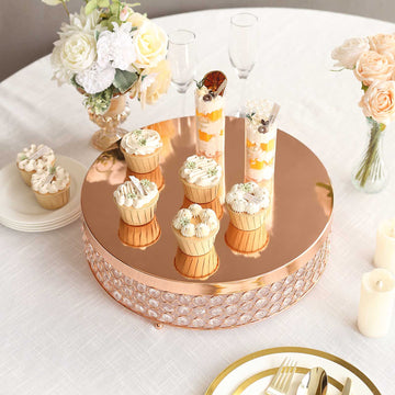 Elegant Rose Gold Crystal Beaded Metal Cake Stand Pedestal
