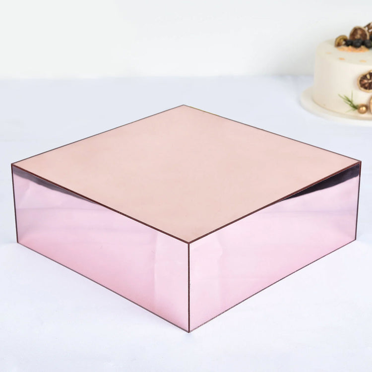 Blush and Rose Gold Acrylic 14 Inch x 14 Inch Mirror Finish Pedestal Riser Cake Display Box Stand wi