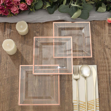 10 Pack Rose Gold Trim Clear Plastic Square Dessert Plates, Disposable Appetizer Salad Plates 7"