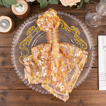 Elevate Your Dining Experience with Rose Gold Wave Embroidered Sequin Mesh Dinner Napkins
