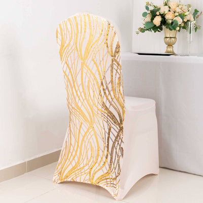 Elegant gold and white chair cover with stylish wave patterns.