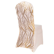Rose Gold Spandex Stretch Banquet Chair Cover With Gold Wave Embroidered Sequins#whtbkgd