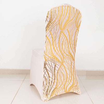 Elegant gold and white chair cover with a wavy design.