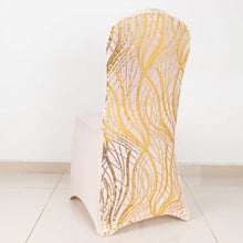 Rose Gold Spandex Stretch Banquet Chair Cover With Gold Wave Embroidered Sequins