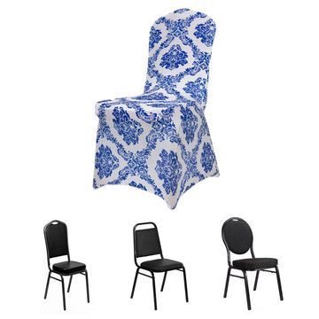 Royal Blue Damask Spandex Banquet Chair Cover With Foot Pockets, Premium Stretch Fitted Chair Covers - 160GSM