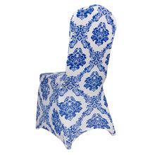 Royal Blue Flocking Damask Spandex Banquet Chair Cover With Foot Pockets#whtbkgd