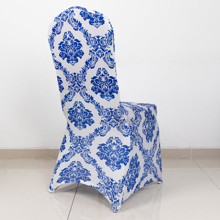Royal Blue Flocking Damask Spandex Banquet Chair Cover With Foot Pockets