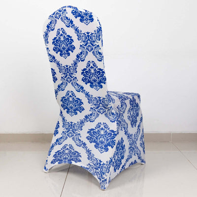 Blue and white patterned chair on a plain background.