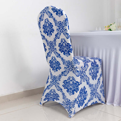 Elegant blue and white patterned chair cover for events and dining.