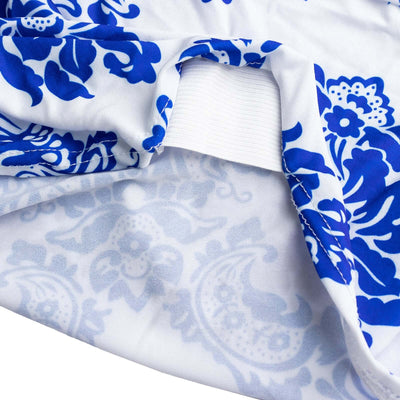 Blue floral patterned fabric showcasing intricate design details.