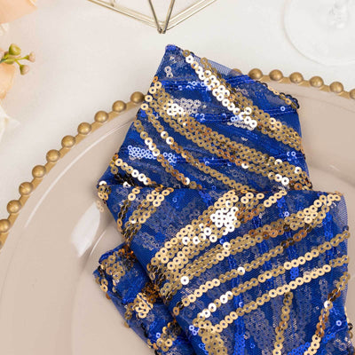 Blue and gold sequin table napkin on a decorative plate.