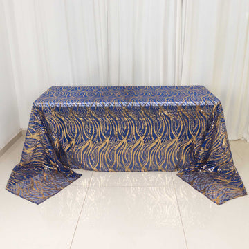 Royal Blue Gold Wave Mesh Rectangular Tablecloth With Embroidered Sequins - 90"x156" for 8 Foot Table With Floor-Length Drop
