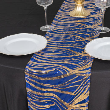 Royal Blue Gold Wave Embroidered Sequins Table Runner 12"x108"