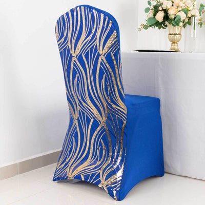Blue chair cover with gold wave pattern on white background.