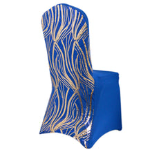 Royal Blue Gold Spandex Stretch Banquet Chair Cover With Wave Embroidered Sequins#whtbkgd