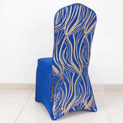 Blue chair cover with gold wavy pattern, stylish decor for events.