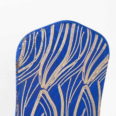 Blue sequined chair back with a wavy pattern.
