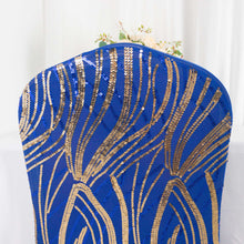 Royal Blue Gold Spandex Stretch Banquet Chair Cover With Wave Embroidered Sequins