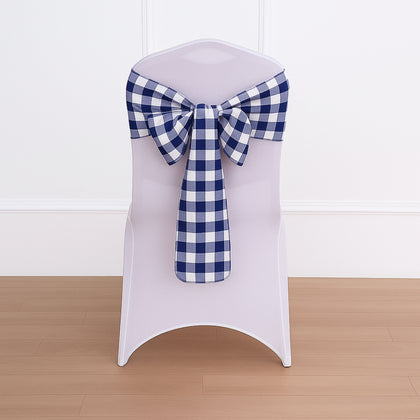 5 Pack Polyester Chair Sashes 6"x108" Navy Blue/White Buffalo Plaid Pattern - Easy to Use Checkered Chair Bows
