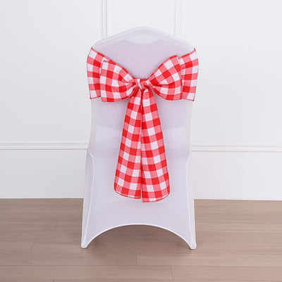 5 Pack Polyester Chair Sashes 6"x108" Red/White Buffalo Plaid Pattern - Easy to Use Checkered Chair Bows