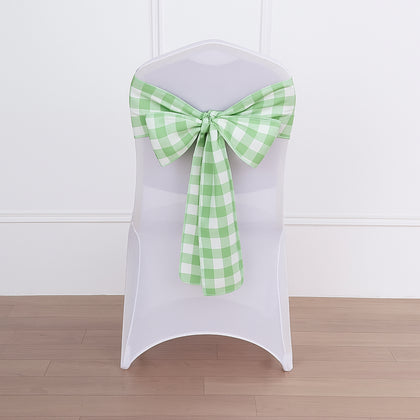 5 Pack Polyester Chair Sashes 6"x108" Sage Green/White Buffalo Plaid Pattern - Easy to Use Checkered Chair Bows