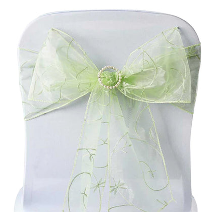 5 Pack Organza Chair Sashes 7"x108" Apple Green with Satin Leaf Embroidery - Sheer Decorative Chair Bows