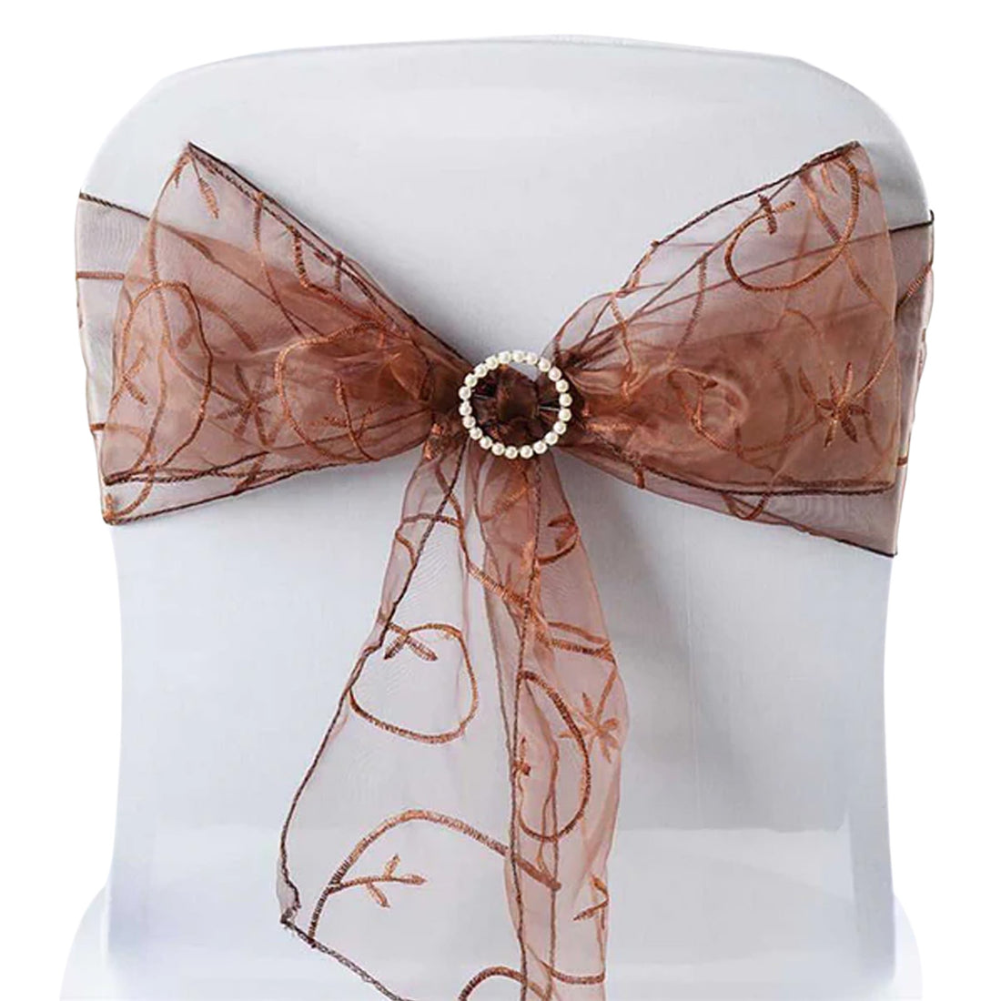 Brown organza chair sash with pearl embellishment #whtbkgd