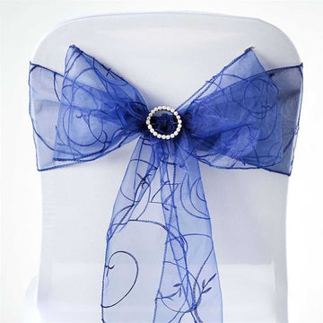 Elevate Your Event Decor with Navy Blue Embroidered Organza Chair Sashes