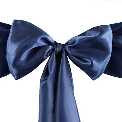 Navy satin bow with tails, perfect for decorations and gifts.