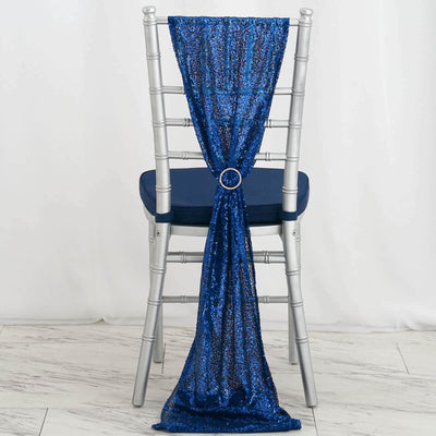 Blue sequin chair sash draped elegantly on a silver chiavari chair.