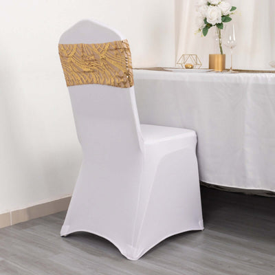 White chair cover with gold embellishment for elegant dining settings.