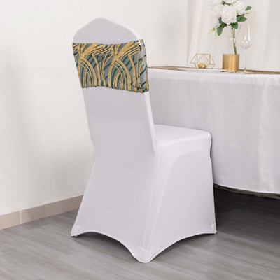 Elegant white chair cover with decorative patterned sash, perfect for events.