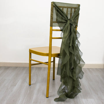 Elevate Your Event with the Olive Green Chiffon Curly Chair Sash