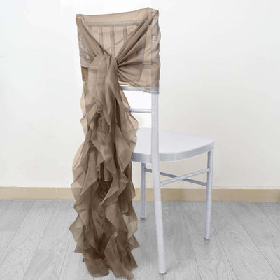 Brown ruffled chair cover sash draped on a white chair