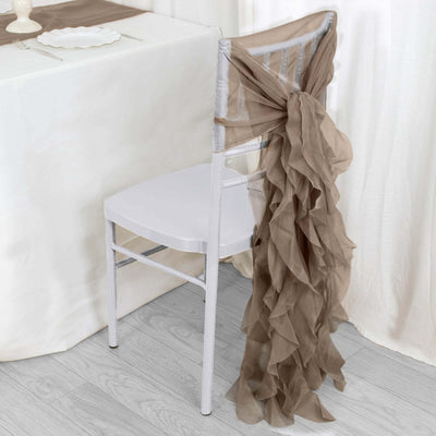 Taupe chair sash draped elegantly on a white chair.