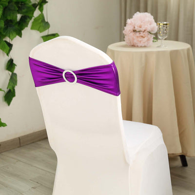 Purple chair cover sash with rhinestone buckle, ideal for event decor.