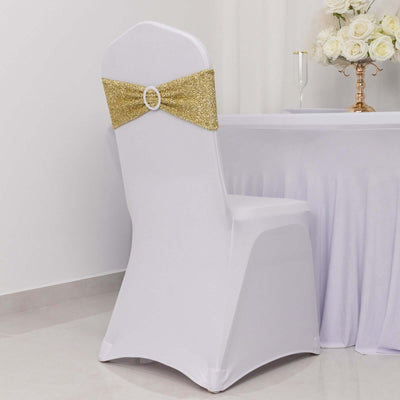 White chair cover with gold sequin sash, styled for an elegant event.