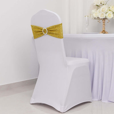 White chair cover with gold bow decoration, ideal for events.
