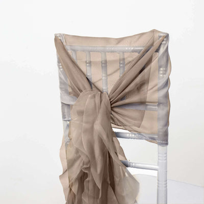 Brown sheer chair sash tied on a white chiavari chair
