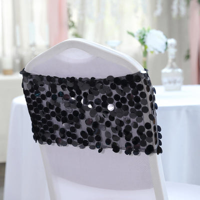 Black sequin chair cover embellishment for weddings and events.