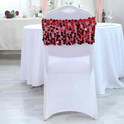Red sequin chair cover decoration for events and celebrations.