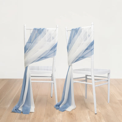Blue and white decorative chair sashes draped on white chairs